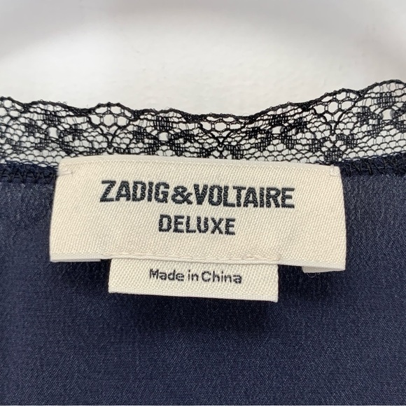 Zadig and Voltaire Camisole Top Womens XS/S Navy Blue Lace Trim Silk V-Neck - Picture 4 of 7